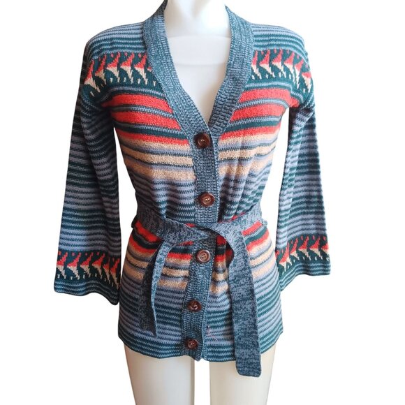 Vintage True Boho Jantzen Striped Knit Cardigan Belted Waist Wooden Buttons 70's - Picture 2 of 7